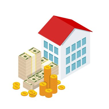 Küçük İzometrik evler ve para yığını. Gayrimenkul konsepti.