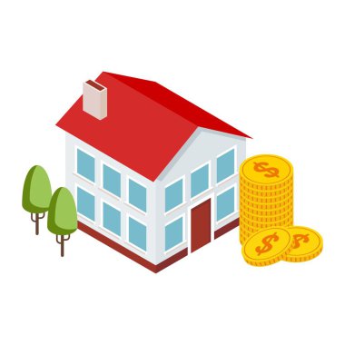 Küçük İzometrik evler ve para yığını. Gayrimenkul konsepti.