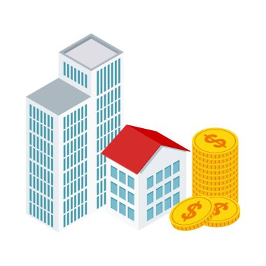 Küçük İzometrik evler ve para yığını. Gayrimenkul konsepti.