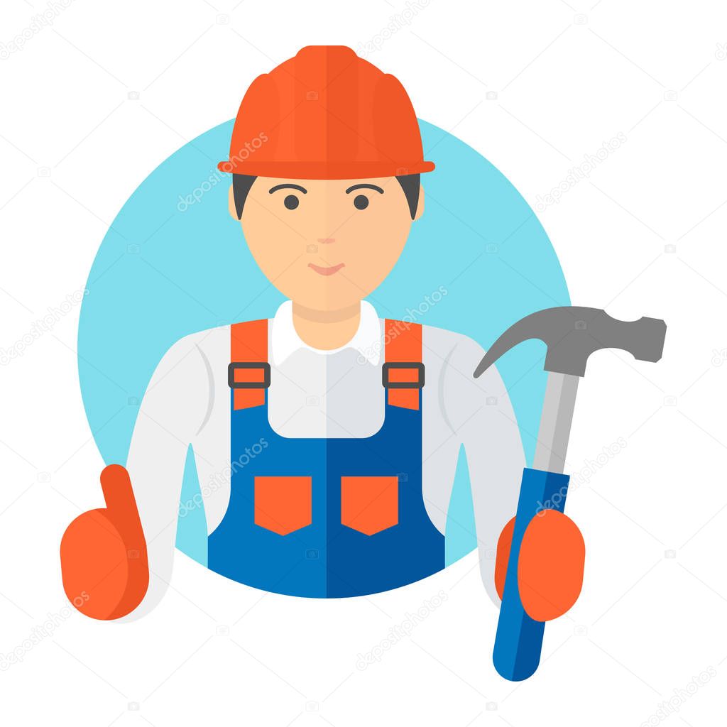 Portrait of a young worker with hammer in hand. Builder in a helmet and coveralls. Logo on white background. Flat style vector illustration