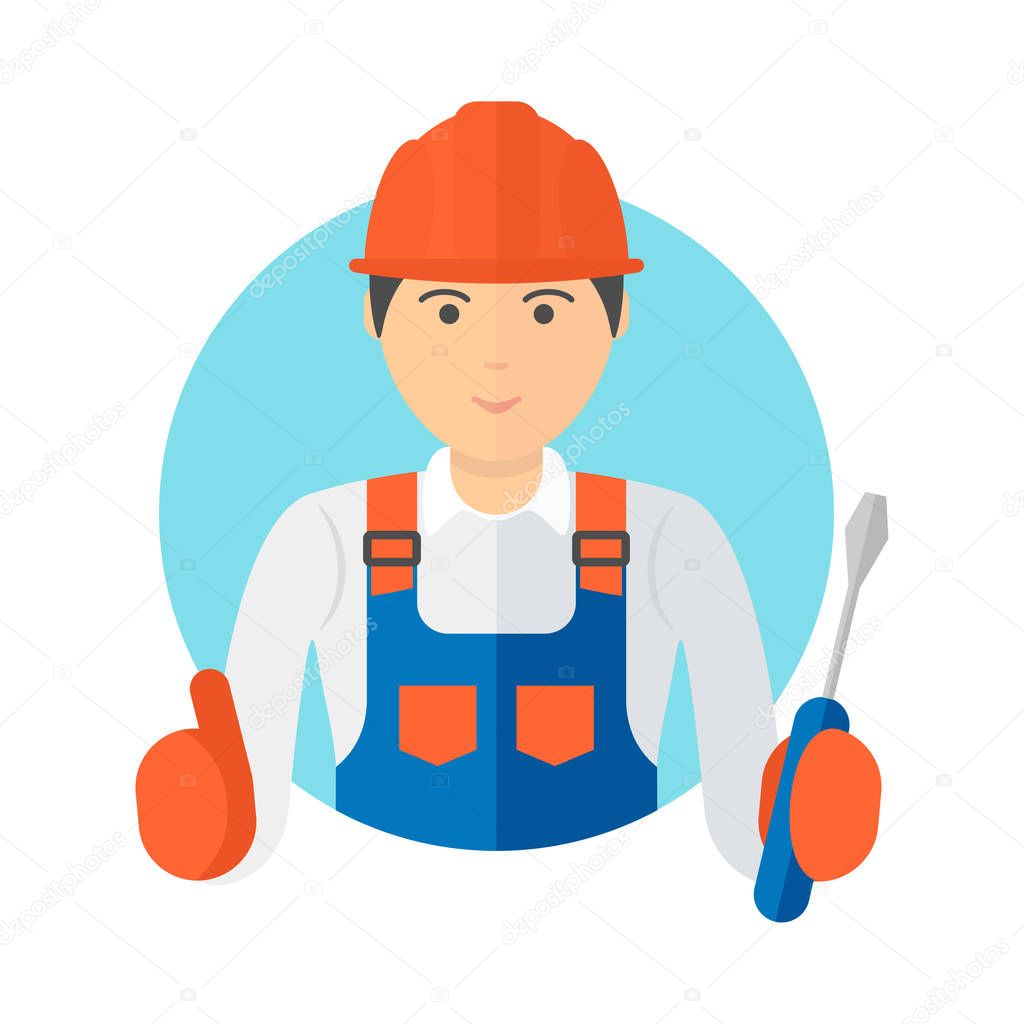 Portrait of a young worker with screwdriver in hand. Builder in a helmet and coveralls with tools in his hands. Logo on white background. Flat style vector illustration.