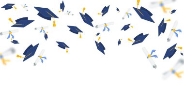 Beyaz arka plan üzerinde uçan lisansüstü kap ve diploma.