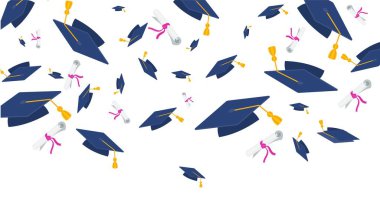 Beyaz arka plan üzerinde uçan lisansüstü kap ve diploma.