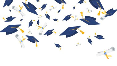 Beyaz arka plan üzerinde uçan lisansüstü kap ve diploma.