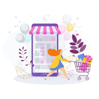 Alışveriş arabası, çanta ve hediyeler ile Kadın.