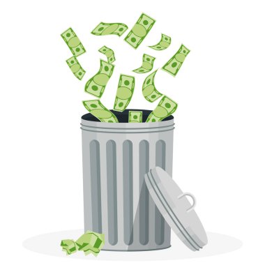 Waste of money. Dollar bills, banknotes fly into the trash. clipart