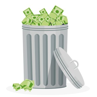 Waste of money. Dollar bills, banknotes are in the trash. clipart