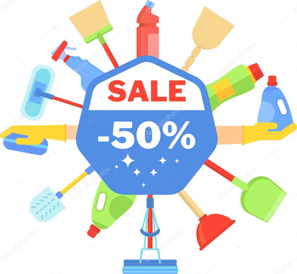 Logo, sale tag with Household supplies. Flat vector illustration.