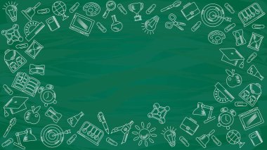 Green board with hand-drawn chalk school supplies. clipart