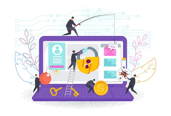 Team of thieves hacks access code to information on the computer. — Stock Vector