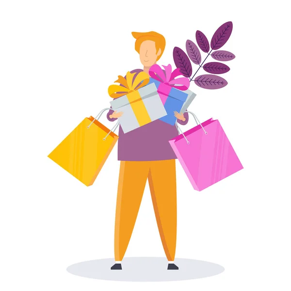 Hombre de compras con bolsas y regalos . — Vector de stock