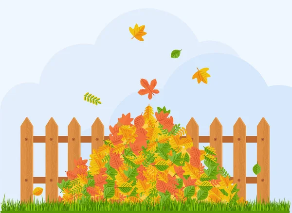 Vector pilha de folhas de outono encontra-se sob a cerca . — Vetor de Stock