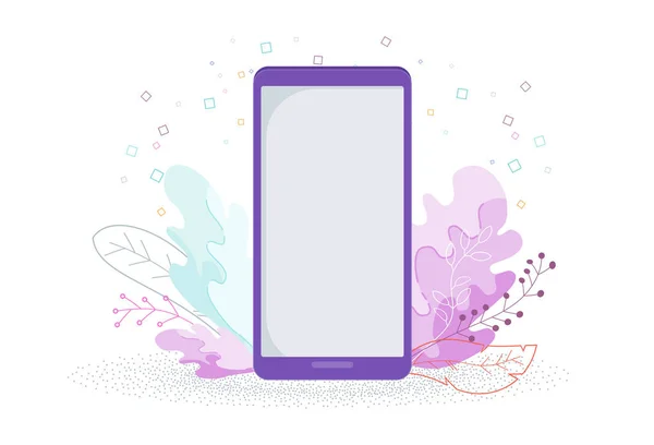Téléphone portable avec écran blanc. Plantes branchées en arrière-plan . — Image vectorielle