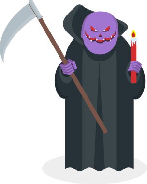 Kötü gözlü mor hayalet bir tırpanda ve bir mum tutar