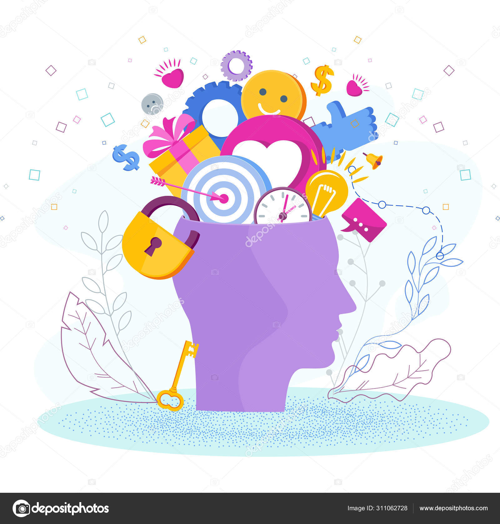 생각과 아이디어와 인간의 머리. 창의적인 영감의 은유 스톡 벡터 - ©quarta 311062728, image size:1600x1678