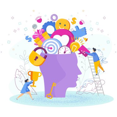 Düşünceler ve fikirlerle insan kafası. Yaratıcı ilham metaforu