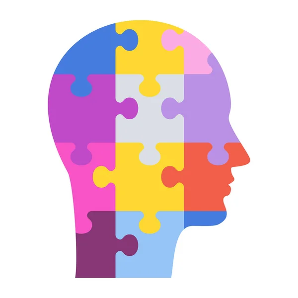 Emberi profil koncepció. Ember fej alkotják puzzle darabkái. — Stock Vector