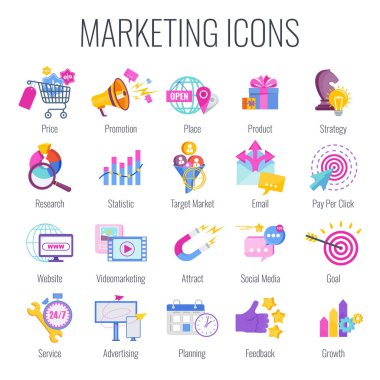 Marketing icons. Marketing mix infographic. Strategy and management. clipart