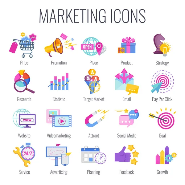 Marketing icons. Marketing mix infographic. Strategy and management. — Stock Vector