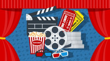 Sinema poster şablonu. Tiyatro sahnesinde kırmızı perde. Ekran, gala