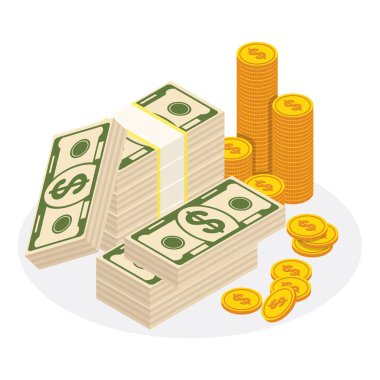Yığınla para. Banknotlar, altın paralar paketlenir.