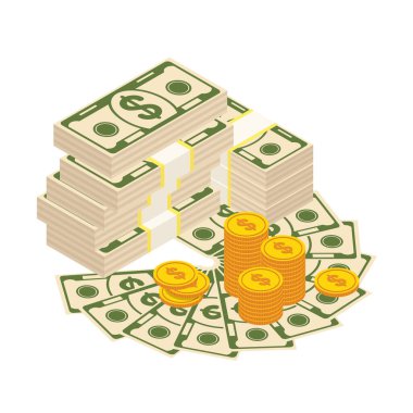 Yığınla para. Banknotlar, altın paralar paketlenir.