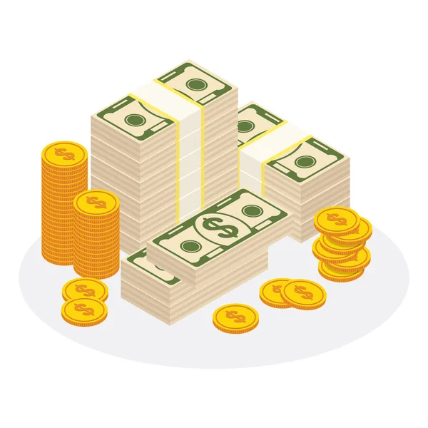 Stack of money. Packing in bundles of bank notes, gold coins — Stock Vector