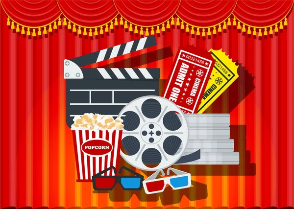 映画ポスターテンプレート。劇場のステージ上の赤いカーテン。スクリーン、プレミア — ストックベクタ