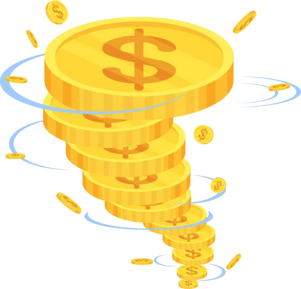 Embudo de dinero. Torbellino, tornado de monedas de oro . — Vector de stock