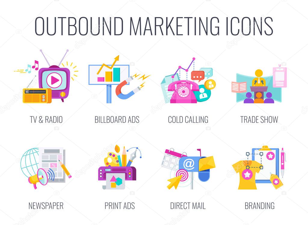 Outbound Marketing Icons. Traditional marketing flat vector illustration.