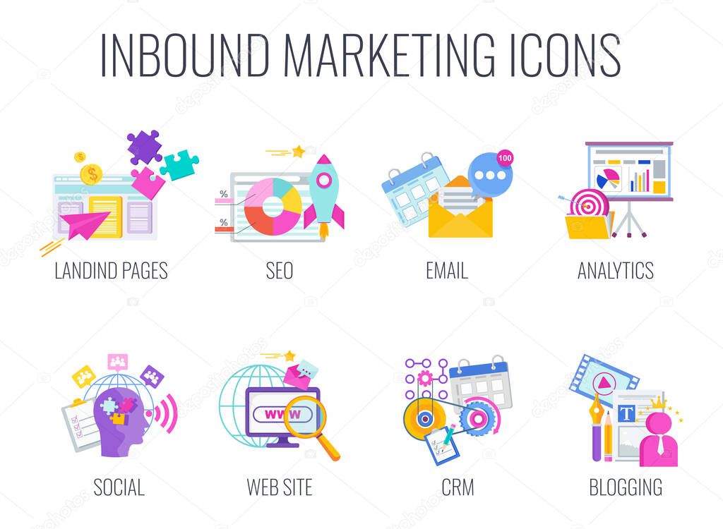 Inbound Marketing. Digita marketing icons. Internet Content Management Strategy.