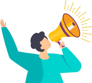 Elinde megafon olan bir adam bilgisayar ekranından çıkıyor..