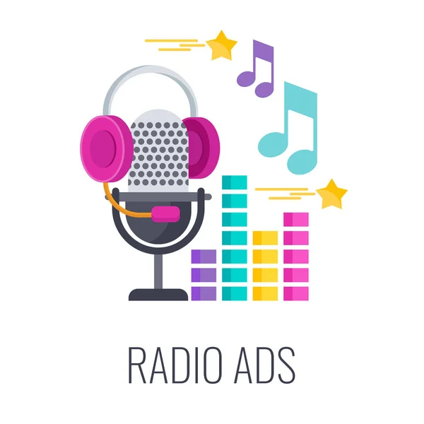 Εικονίδιο διαφήμισης ραδιοφώνου. Ραδιόφωνο μικρόφωνο με ακουστικά. — Διανυσματικό Αρχείο