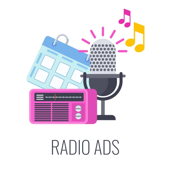 Icono de anuncios de radio. Micrófono, calendario y receptor de radio . — Vector de stock