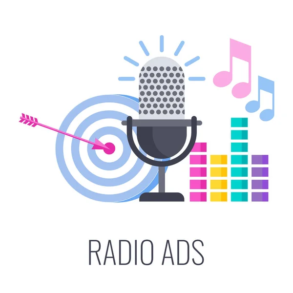 Icono de anuncios de radio. Micrófono de radio, blanco de flecha y sonidos musicales. — Vector de stock