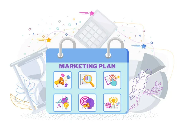 Plan de marketing en calendario. Ilustración vectorial plana. Estrategia y gestión . — Vector de stock