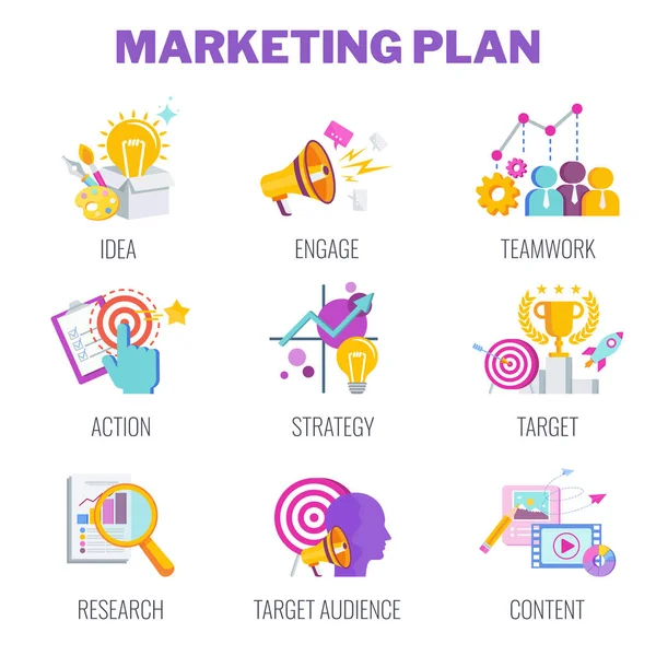 Iconos del plan de marketing. Mercadeo mezcla infografía vector plano ilustración . — Archivo Imágenes Vectoriales