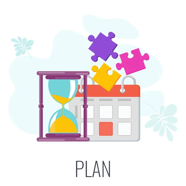 Plan icon. Hourglass, calendar and puzzles. Flat vector illustration. — Stock Vector