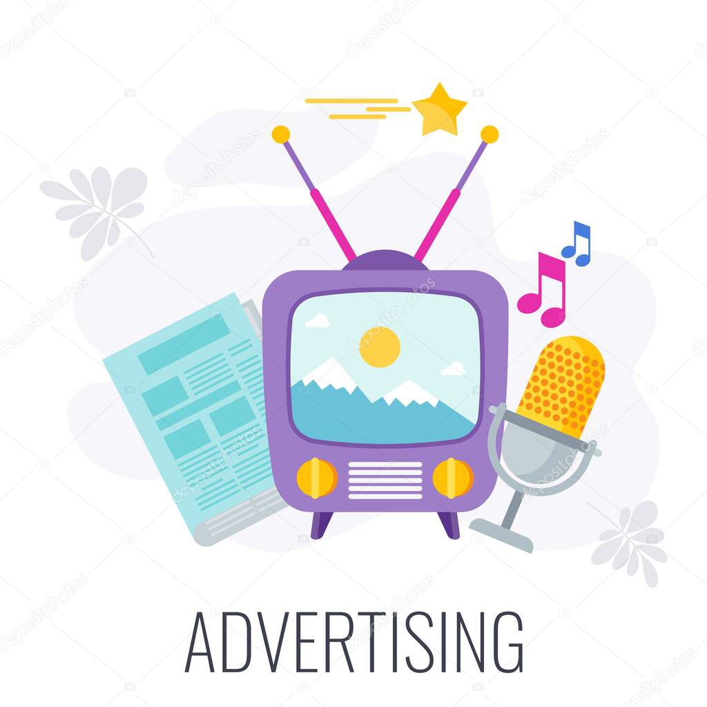 TV, ragio and newspaper advertising. Flat vector cartoon illustration.