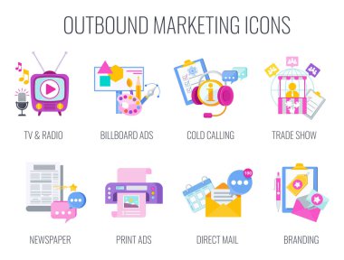 Giden Bilgiler Pazarlama Simgeleri. Düz vektör illüstrasyonu.