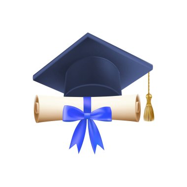 Mezuniyet şapkalı 3D diploma. Mavi havan tahtalı klasik rulo kağıt. Üniversite, üniversite ya da okul mezuniyet sertifikası. Vektör çizimi. EPS 10.