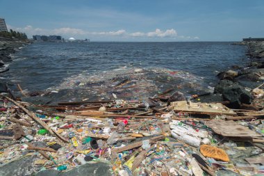 Manila, Filipinler-Mayıs, 18, 2019: Manila Körfezi sahilinde okyanus plastik kirliliği