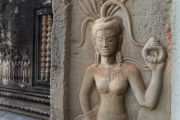 Bas Relevo Mural Mulher Apsara Parede Angkor Wat Templo Complexo — Fotografia de Stock