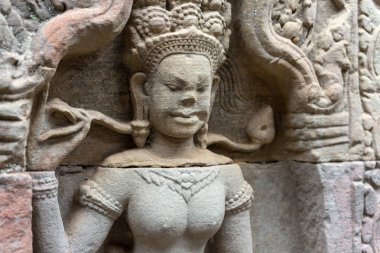 Angkor Wat tapınak duvarında Khmer kültürünün Bas Rölyef duvar, Kamboçya, yakın