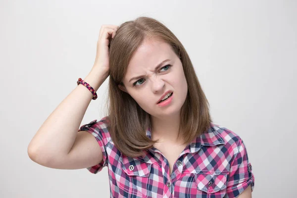 Young Caucasian Woman Girl Questioning Puzzled Confused Expression Thinking Remembering — Stock Photo, Image