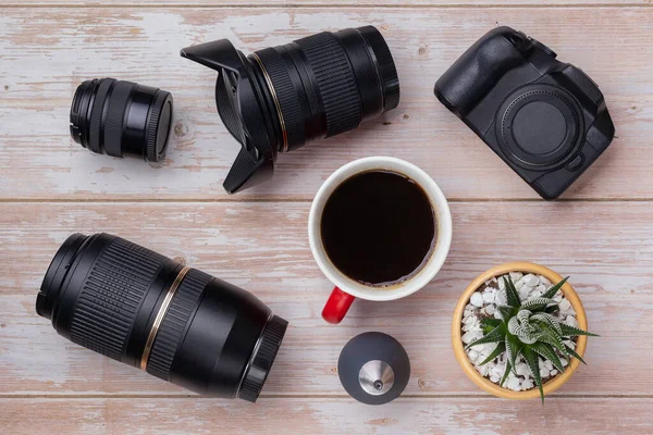 Flat Lay Photography Equipment Wooden Desktop Background Dslr Camera Lens — Stock Photo, Image