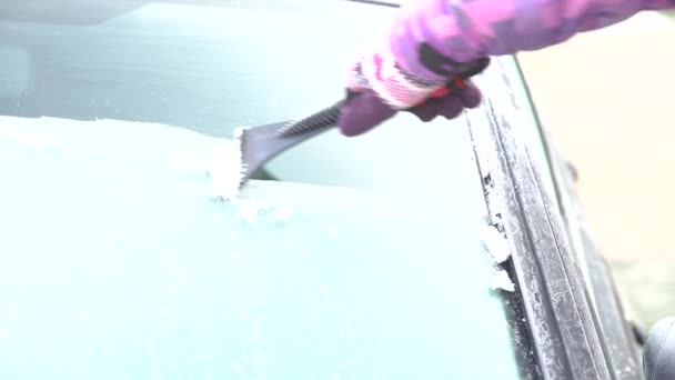 Жінка очищає вікно автомобіля від снігу та льоду за допомогою скребка — стокове відео