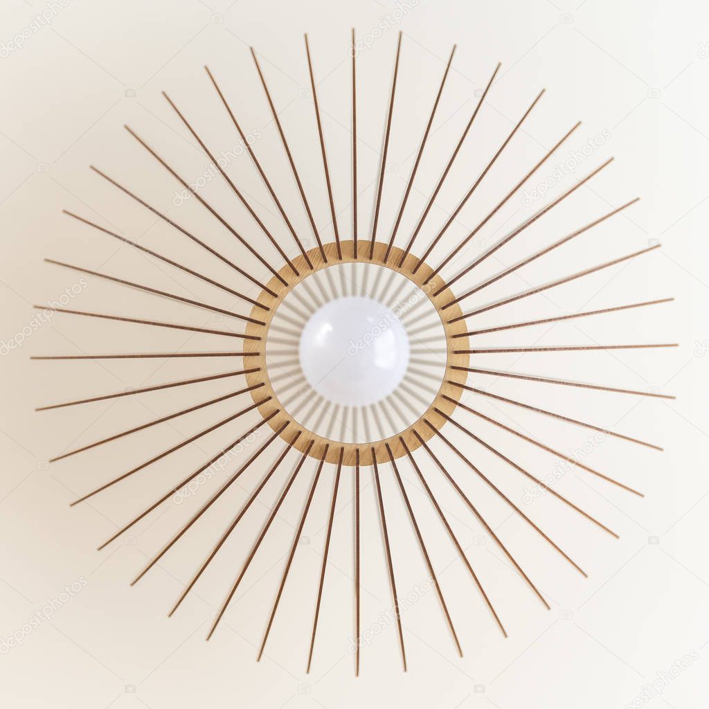 round wooden light with ice bulbs hung in a white ceiling. modern design method of interior lighting