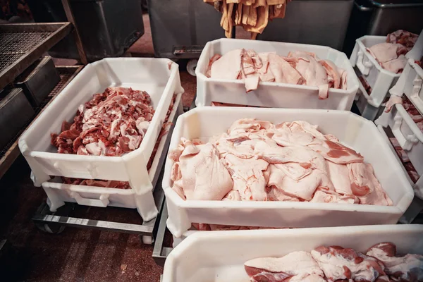 Production of meat products in the supermarket in the supermarket. Next, distribution of finished products to the stores shop for customers. Sausage, meatloaf, pate ... — Stock Photo, Image