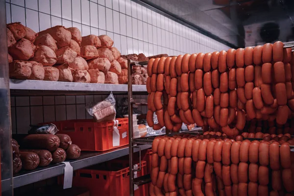 Production of meat products in the supermarket in the supermarket. Next, distribution of finished products to the stores shop for customers. Sausage, meatloaf, pate ...